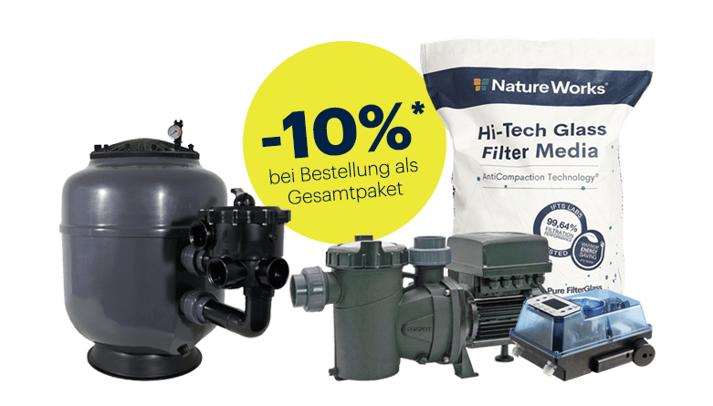 Februar Aktion Polyester Filter Bregenz 3 + Rückspülventil Aquastar Control + Ocean Poolpumpe Inver 300 + Nature Works Filtermedium als Paket um 10 % günstiger