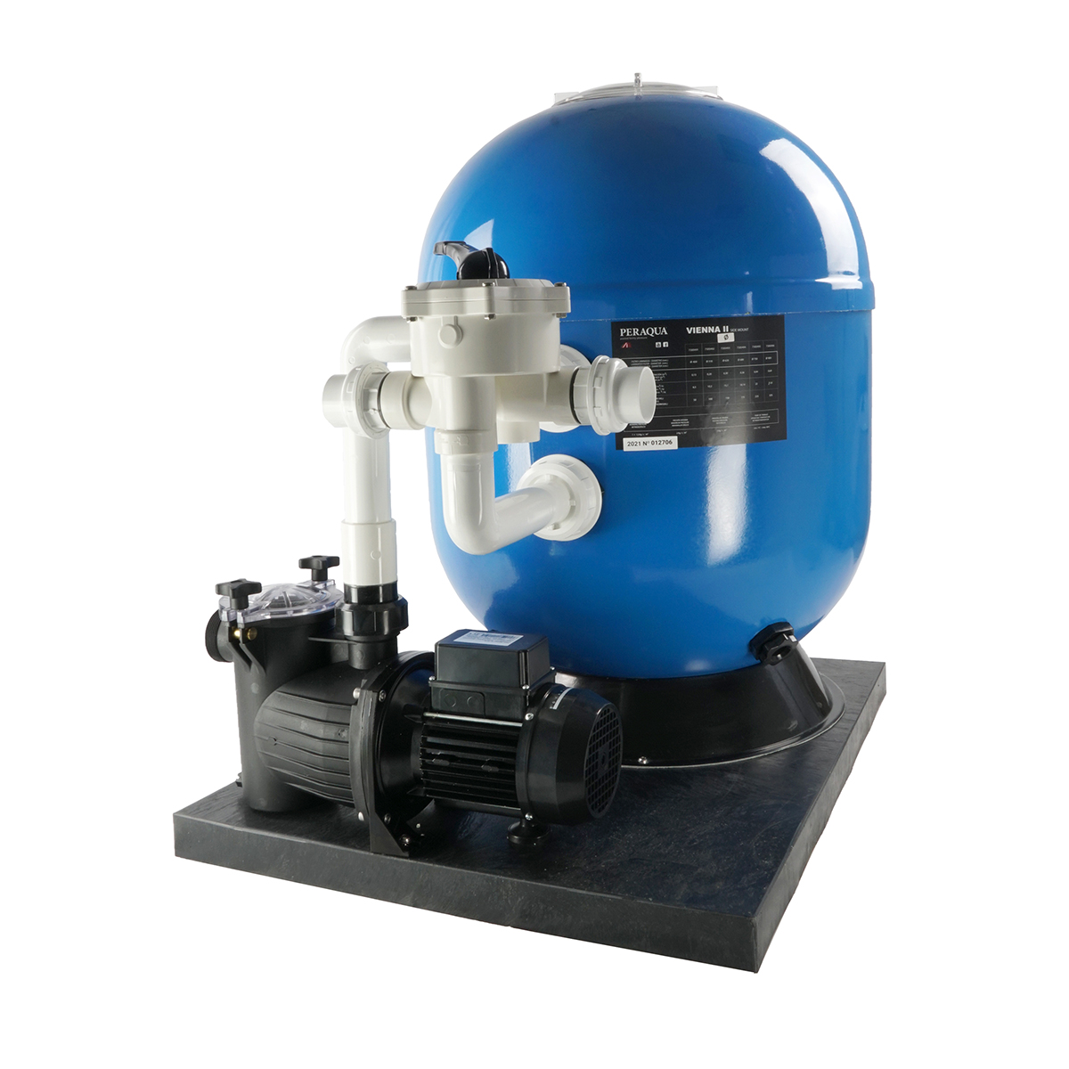 Compact filter set VIENNA II laminated,side mount, blue d620, cover screw type transparent, fixed piping, incl. original Praher 6 way backwash valve SM 1 ½", manual, incl. Smart pump M75 type 0,55 kW, 12m³/h Compact filter set VIENNA II laminated,side mount, blue d620, cover screw type transparent, fixed piping, incl. original Praher 6 way backwash valve SM 1 ½", manual, incl. Smart pump M75 type 0,55 kW, 12m³/h