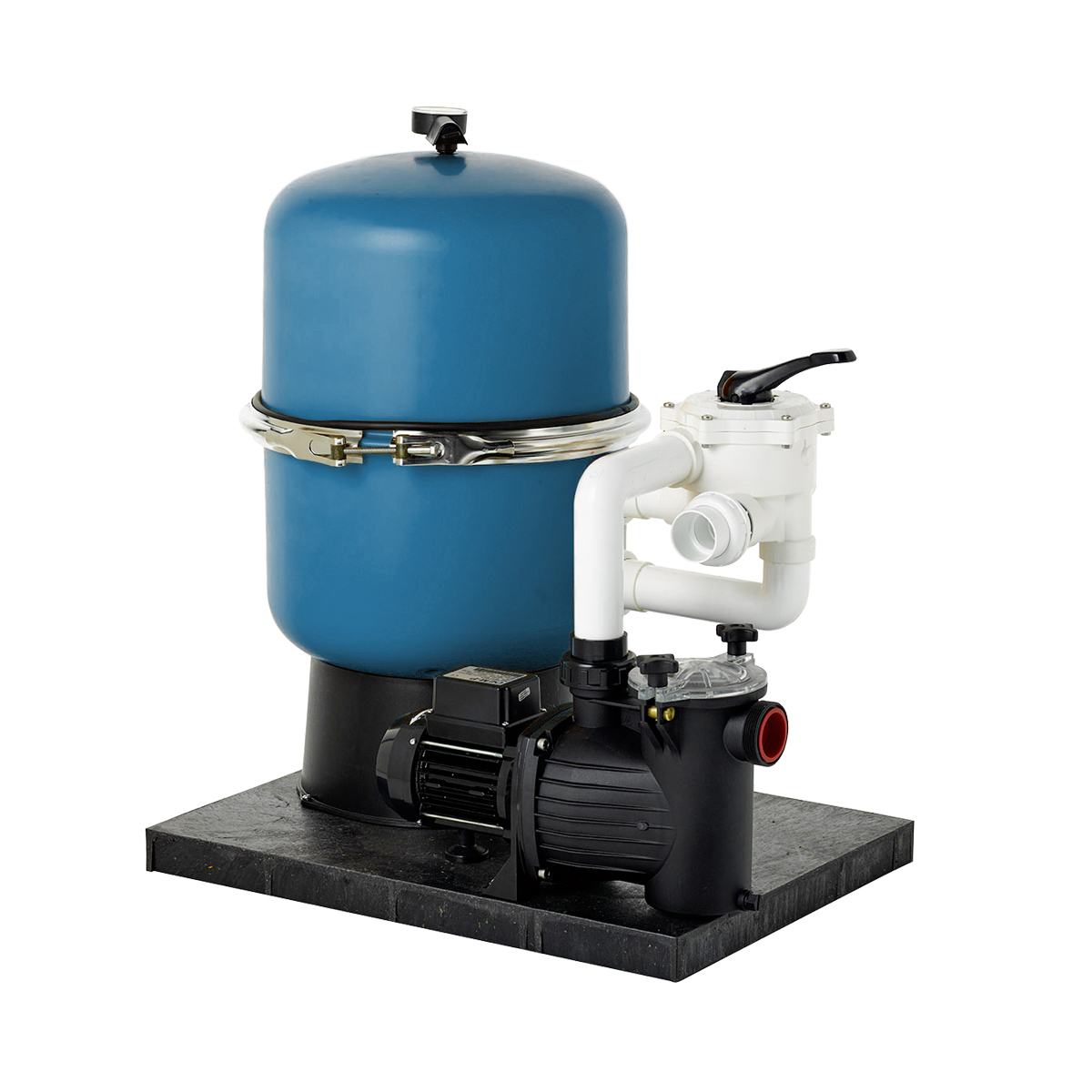Compact filter set GRAZ D400 2-parts, blue, incl. original  Praher 6-way valve 1 1/2", incl. pump 0,16 kW(0,25 HP) 6 m3/H Compact filter set GRAZ D400 2-parts, blue, incl. original  Praher 6-way valve 1 1/2", incl. pump 0,16 kW(0,25 HP) 6 m3/H