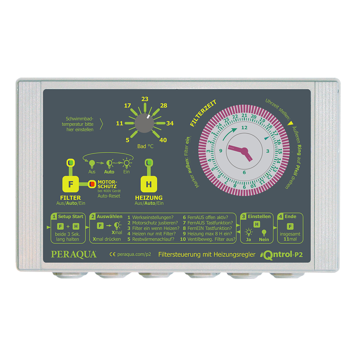 iQntrol-P2 heating filter control 400 with manual adjustment of pool temperature, with smart motor protection 0,7 – 7,5A for pumps 250W-4kW, with temperature sensor brass chromed d10 and immersion probe ½“ iQntrol-P2 heating filter control 400 with manual adjustment of pool temperature, with smart motor protection 0,7 – 7,5A for pumps 250W-4kW, with temperature sensor brass chromed d10 and immersion probe ½“