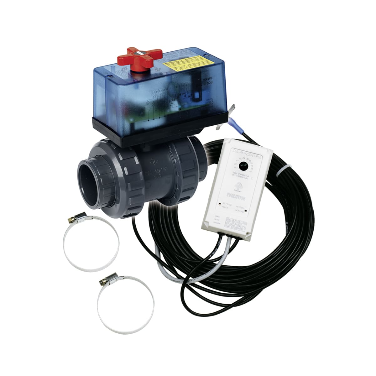 Solar set SC01 mit 2-way ball valve S6 DN50 PVC PVCu solvent socket ends d63 metric PN3 EPDM PTFE EO510 24V IND Solar set SC01 mit 2-way ball valve S6 DN50 PVC PVCu solvent socket ends d63 metric PN3 EPDM PTFE EO510 24V IND
