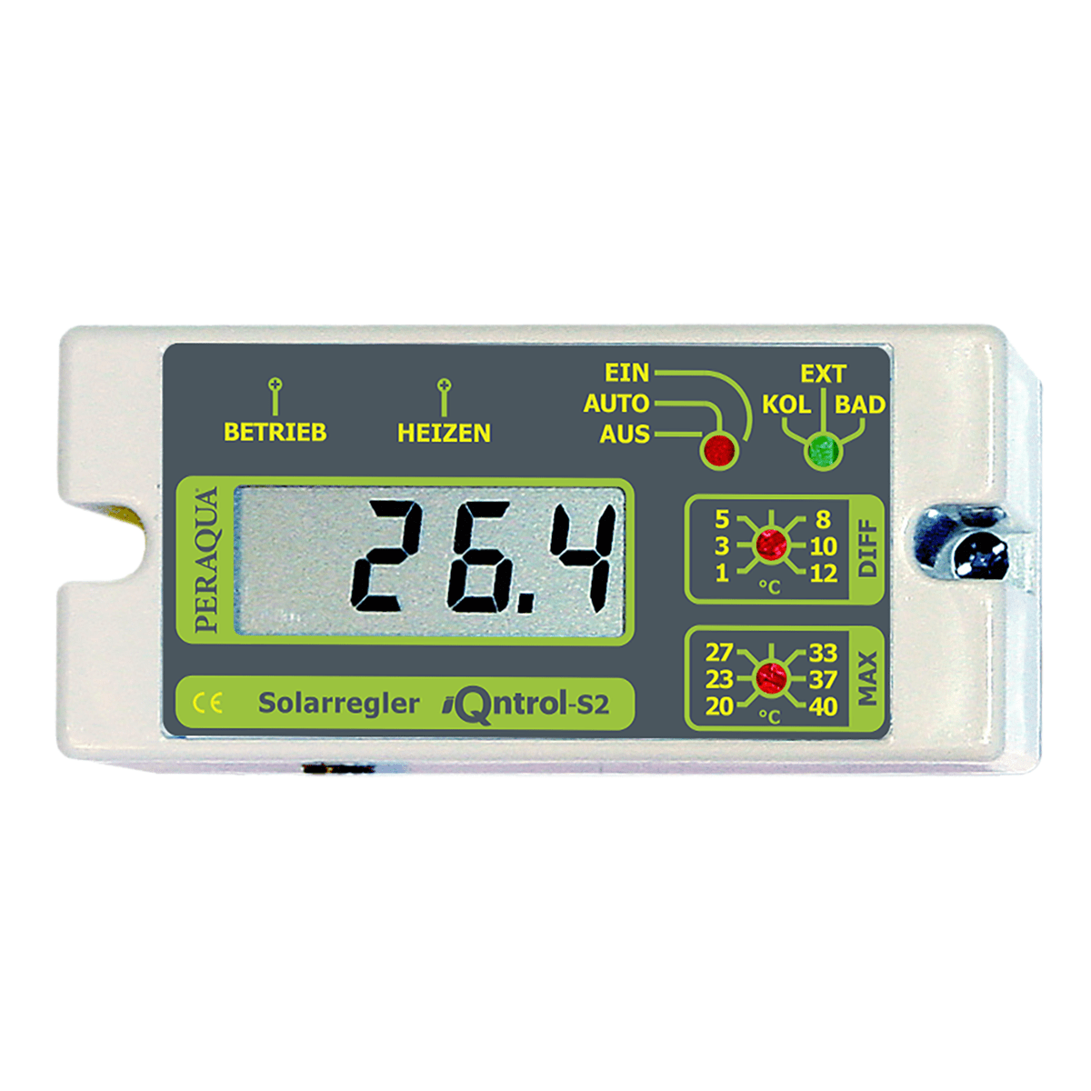 iQntrol-S2 solar control with large display with adjustment Tmax. (20-40°C), switch for on-, off-, and automatic mode, incl. 2x temp. sensors and housing for sensor ½” iQntrol-S2 solar control with large display with adjustment Tmax. (20-40°C), switch for on-, off-, and automatic mode, incl. 2x temp. sensors and housing for sensor ½”