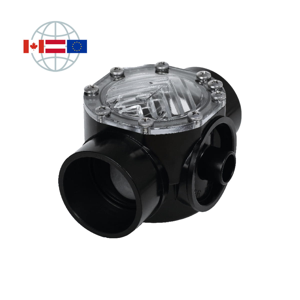 Praher Plastics Canada flapper check valve, DN50, PVC-C, spring-loaded, solvent socket ends PVC-C metric, EPDM O-rings, Viton valve seal, transparent lid, grey Praher Plastics Canada flapper check valve, DN50, PVC-C, spring-loaded, solvent socket ends PVC-C metric, EPDM O-rings, Viton valve seal, transparent lid, grey