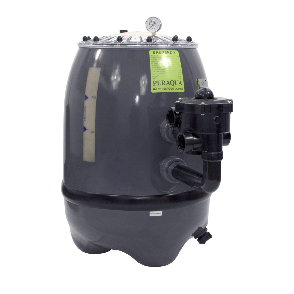 Polyester filter Bregenz 2, d900, incl. original Praher 6-way valve 2" in black, side mount, transparent flange cover, RAL7024 graphite grey Polyester filter Bregenz 2, d900, incl. original Praher 6-way valve 2" in black, side mount, transparent flange cover, RAL7024 graphite grey
