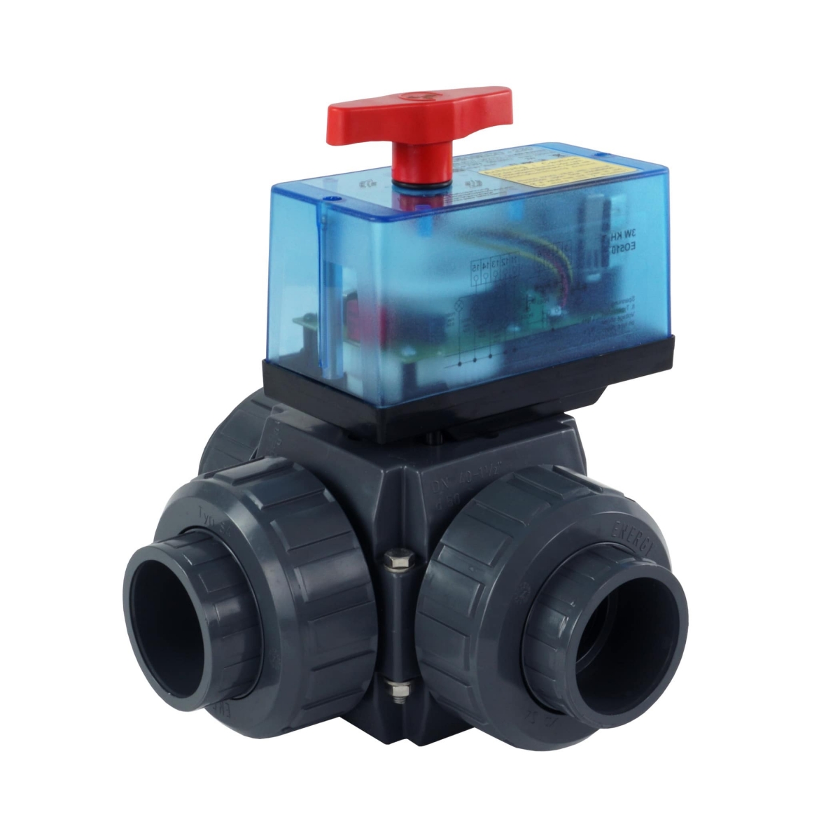 Ball Valve S4 3W T-ball DN32 PVC grey PVCu solvent socket d40 metric PN3 EPDM tpe EO510 IND 12-24V AC/DC Solar Ball Valve S4 3W T-ball DN32 PVC grey PVCu solvent socket d40 metric PN3 EPDM tpe EO510 IND 12-24V AC/DC Solar