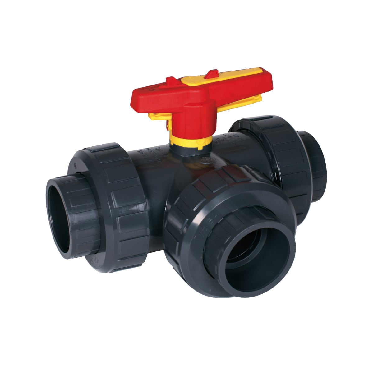 Ball Valve S4 3W T-ball DN50 PVC grey PVCu solvent socket d63 metric PN16 EPDM PTFE single packed Ball Valve S4 3W T-ball DN50 PVC grey PVCu solvent socket d63 metric PN16 EPDM PTFE single packed