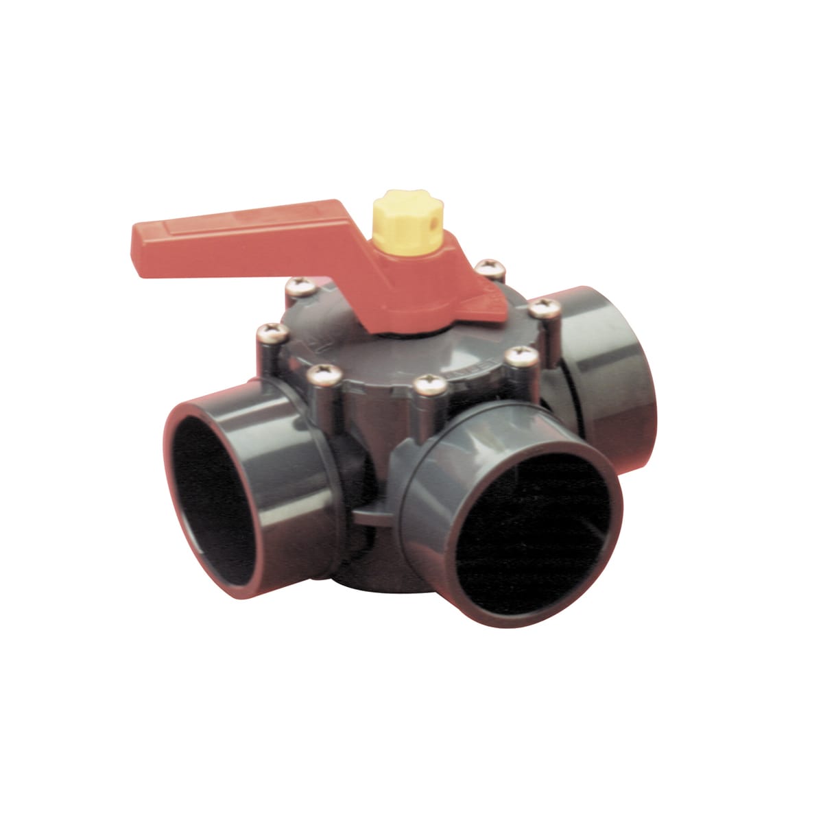 Praher Plastics Canada 3-way rotary valve, PVC-C, solvent sockets metric, Nitrile O-rings, Noryl rotor, grey 