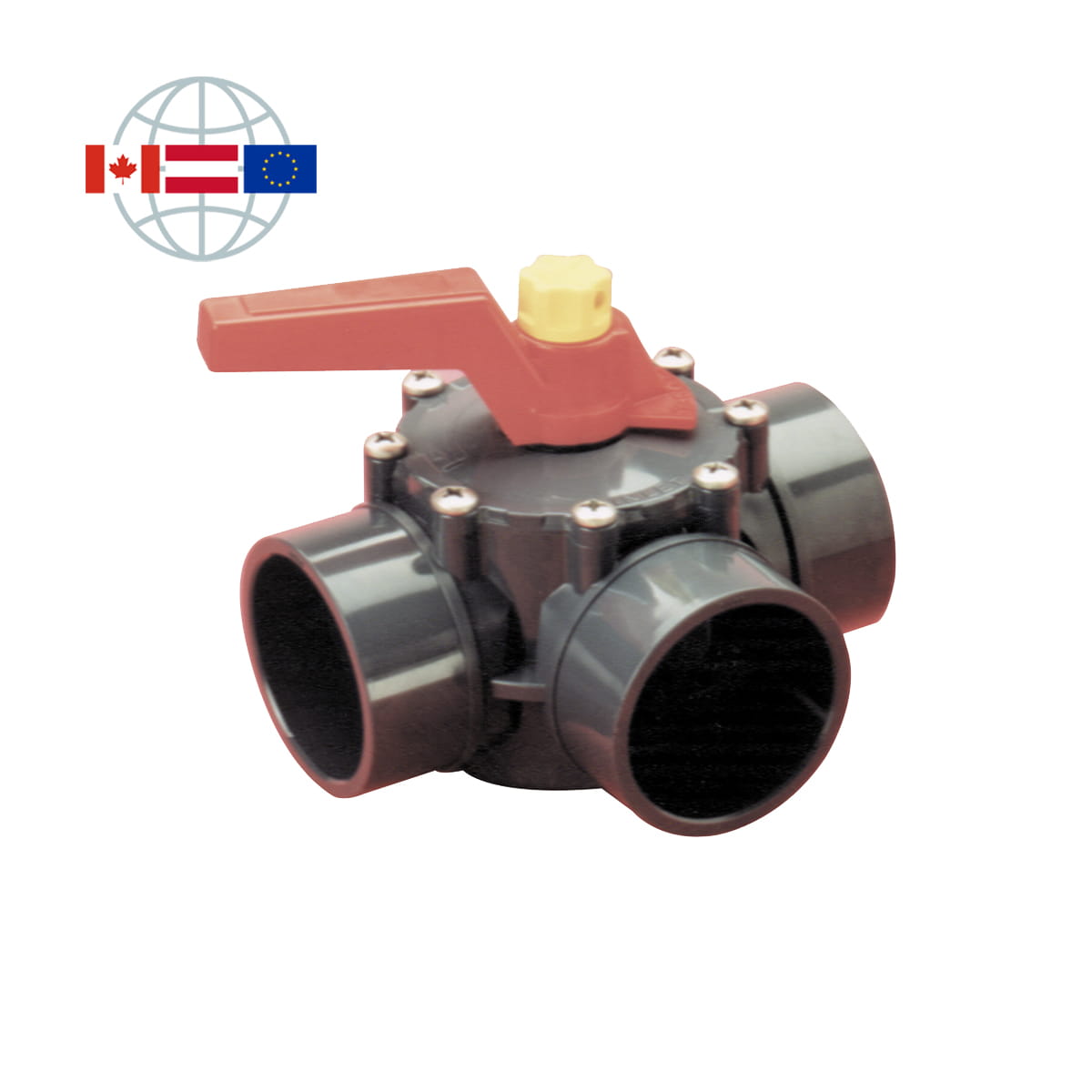 Praher Plastics Canada 3-way rotary valve, PVC-C, solvent sockets ends metric, Nitrile O-rings, Noryl rotor, grey 