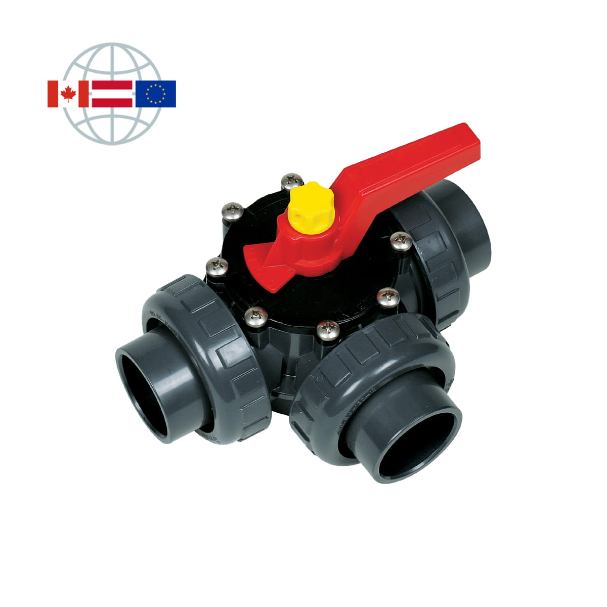 Praher Plastics Canada 3-way rotary valve, PVC-C, solvent socket ends metric with union nut, Nitrile O-rings, Noryl rotor, grey 