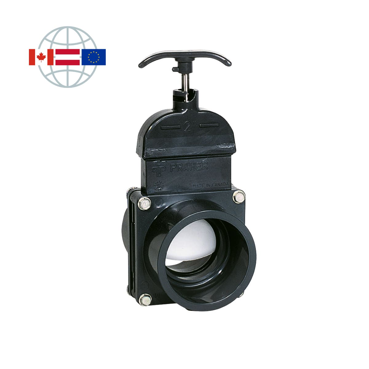 Praher Plastics Canada knife gate valve, DN40, PVC-U, solvent sockets d50 metric, PN3.5, EPDM O-rings, grey Praher Plastics Canada knife gate valve, DN40, PVC-U, solvent sockets d50 metric, PN3.5, EPDM O-rings, grey