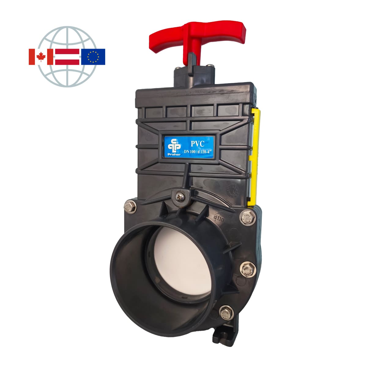 Praher Plastics Canada knife gate valve, DN100, PVC-U, solvent sockets d110 metric, PN1, EPDM O-rings, grey Praher Plastics Canada knife gate valve, DN100, PVC-U, solvent sockets d110 metric, PN1, EPDM O-rings, grey