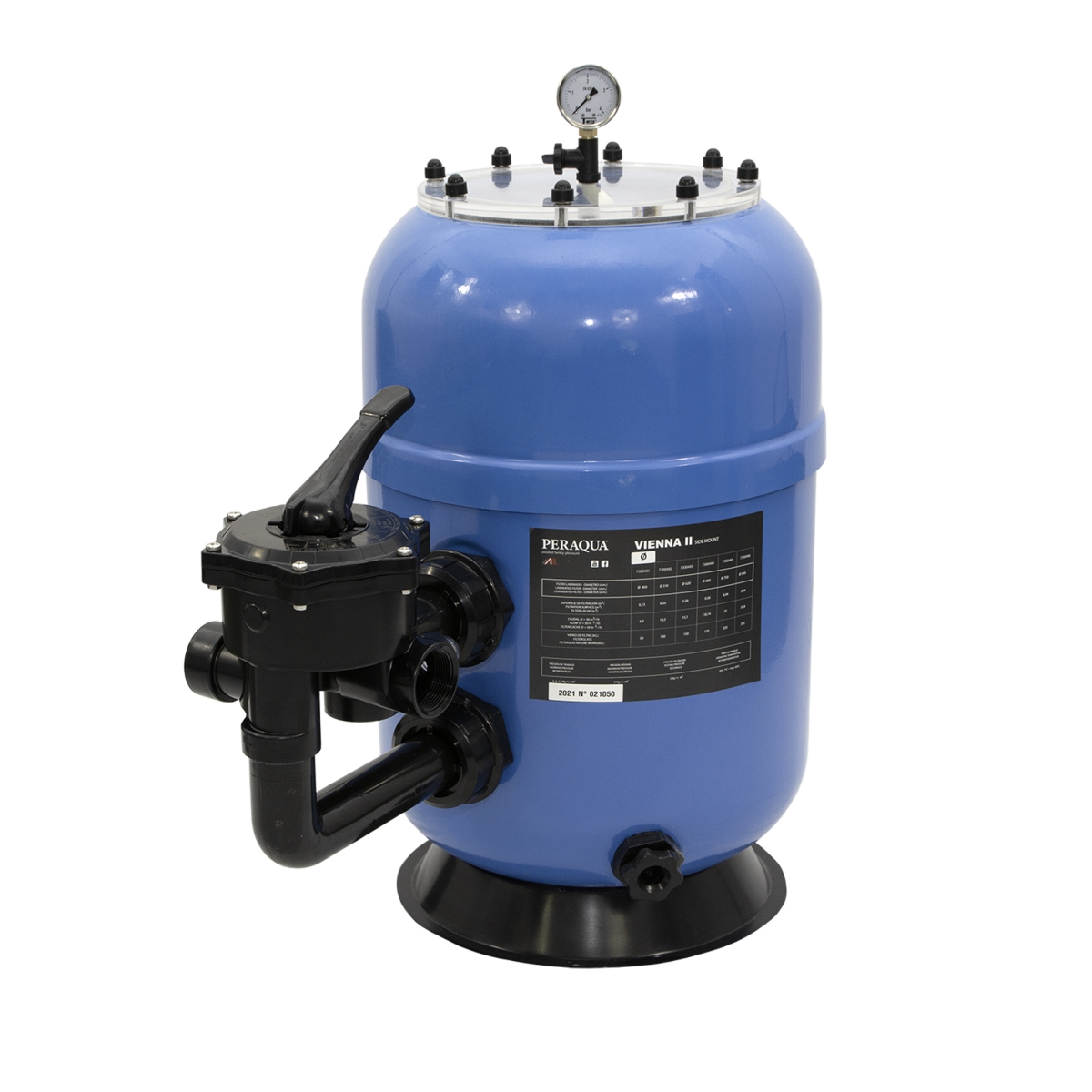 Polyester filter VIENNA II laminated, side mount, blue RAL5015, d400, with transparent flange cover, incl. manometer, piping kit and original Praher SM 1 ½" 6 way backwash valve manual Polyester filter VIENNA II laminated, side mount, blue RAL5015, d400, with transparent flange cover, incl. manometer, piping kit and original Praher SM 1 ½" 6 way backwash valve manual