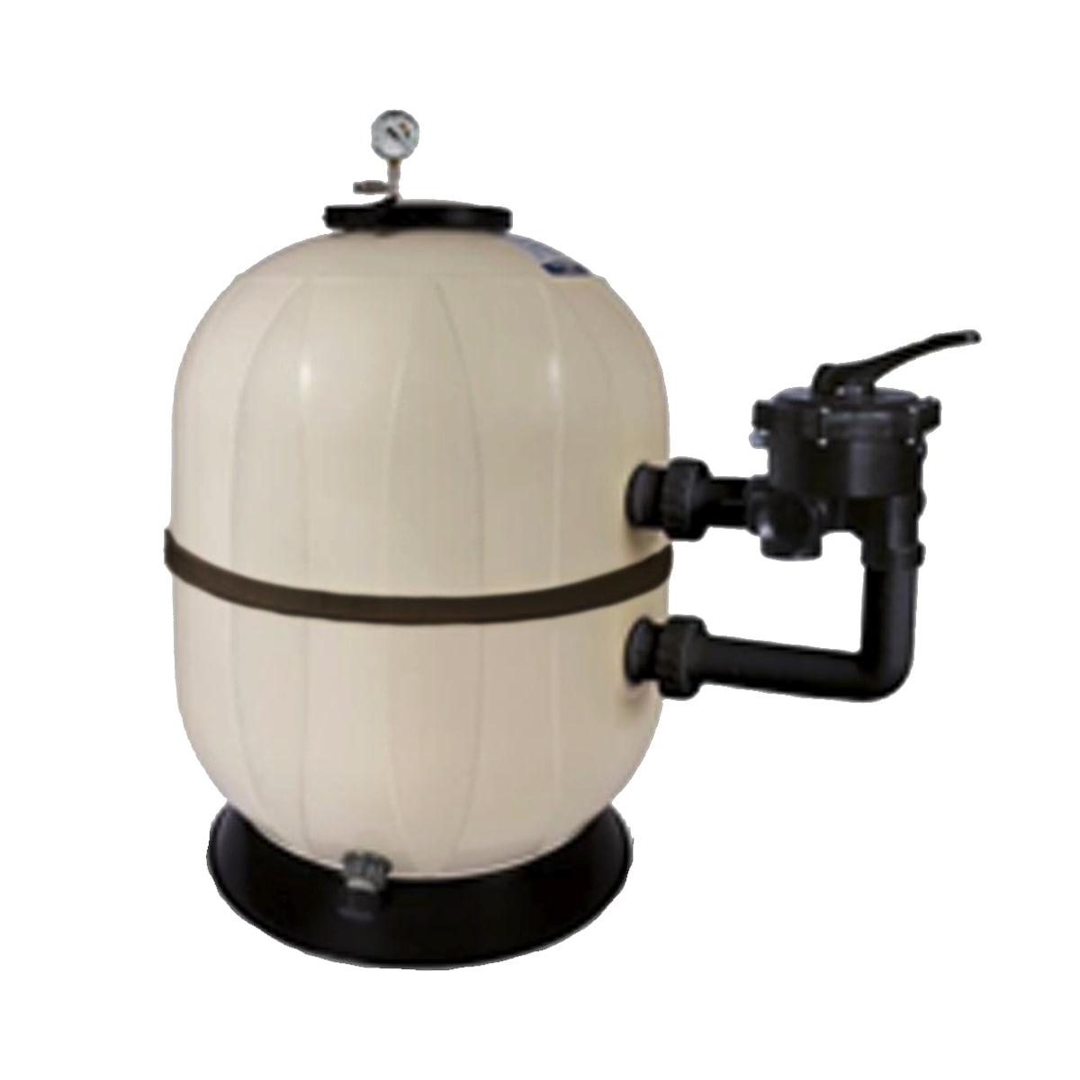 Polypropylen filter d530 with original Praher 6-way valve, side mount version, incl. manometer and manual airating valve, beige, polished Polypropylen filter d530 with original Praher 6-way valve, side mount version, incl. manometer and manual airating valve, beige, polished