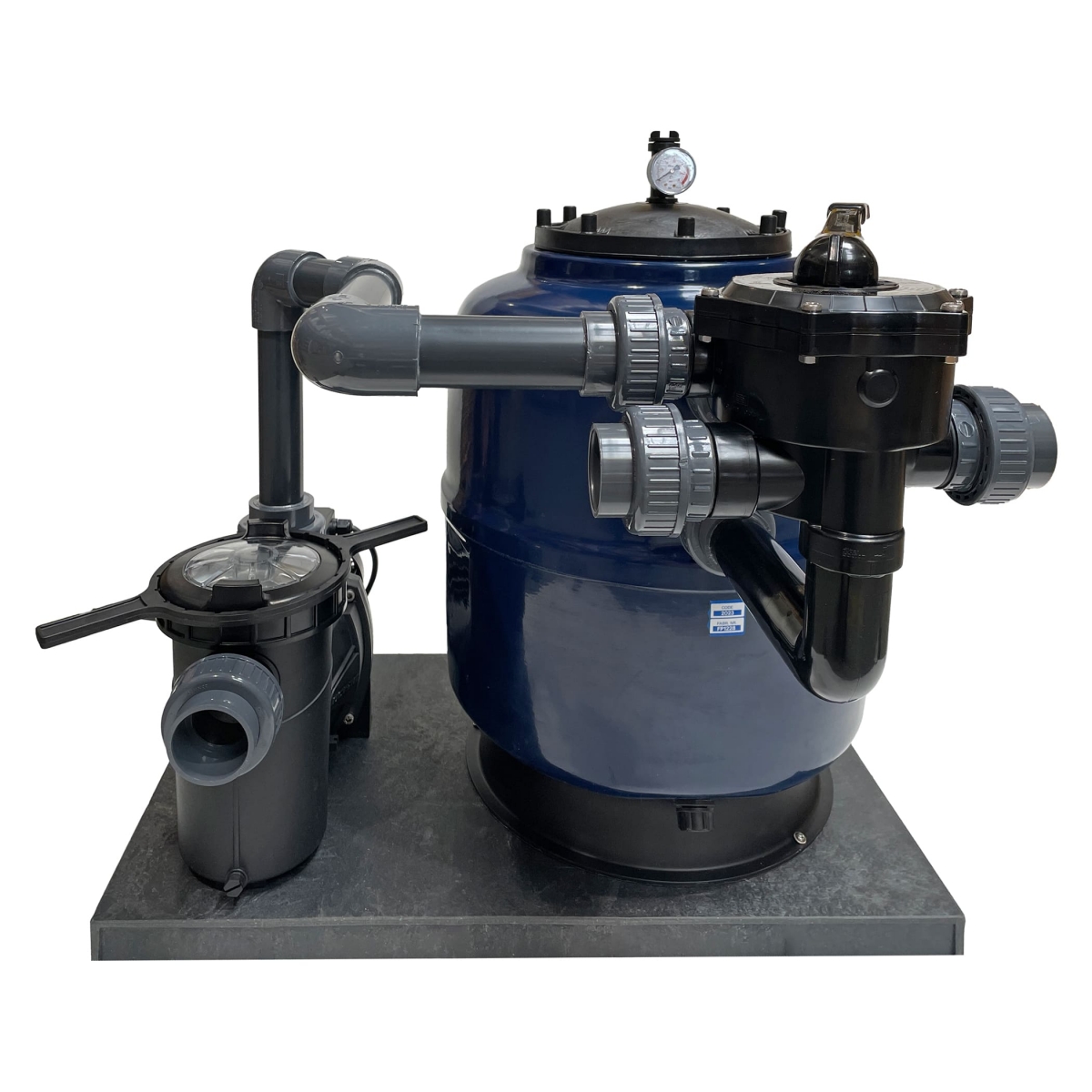 Compact filter system Linz, side mount, d500, inkl. Praher 6-way valve 1 1/2", Ocean® filter pump series O50, on filter pallet Compact filter system Linz, side mount, d500, inkl. Praher 6-way valve 1 1/2", Ocean® filter pump series O50, on filter pallet