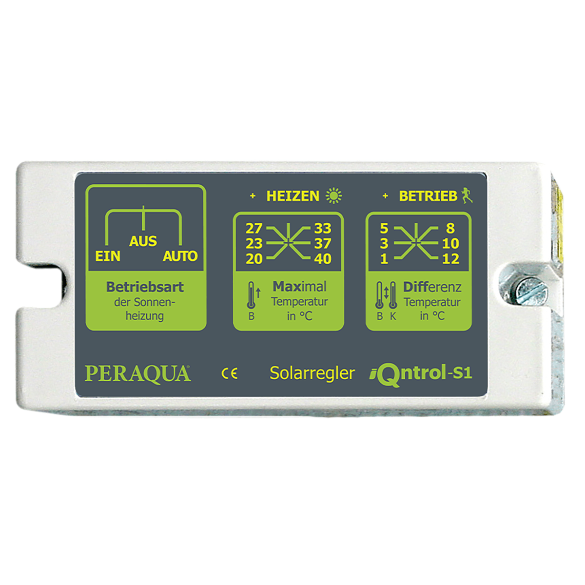 iQntrol-S1 solar control with adjustment Tmax. (20-40°C), switch for on-, off-, and automatic mode, incl. 2x temp. sensors and housing for sensor ½” iQntrol-S1 solar control with adjustment Tmax. (20-40°C), switch for on-, off-, and automatic mode, incl. 2x temp. sensors and housing for sensor ½”