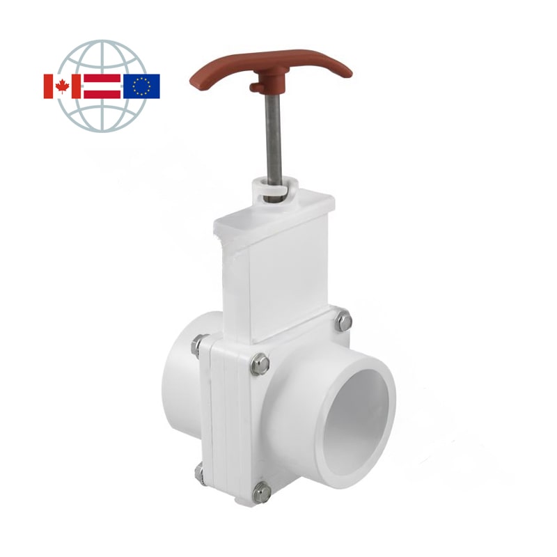 Praher Plastics Canada knife gate valve, DN80, PVC-U, solvent sockets d90 metric, PN3.5, EPDM O-rings, white Praher Plastics Canada knife gate valve, DN80, PVC-U, solvent sockets d90 metric, PN3.5, EPDM O-rings, white