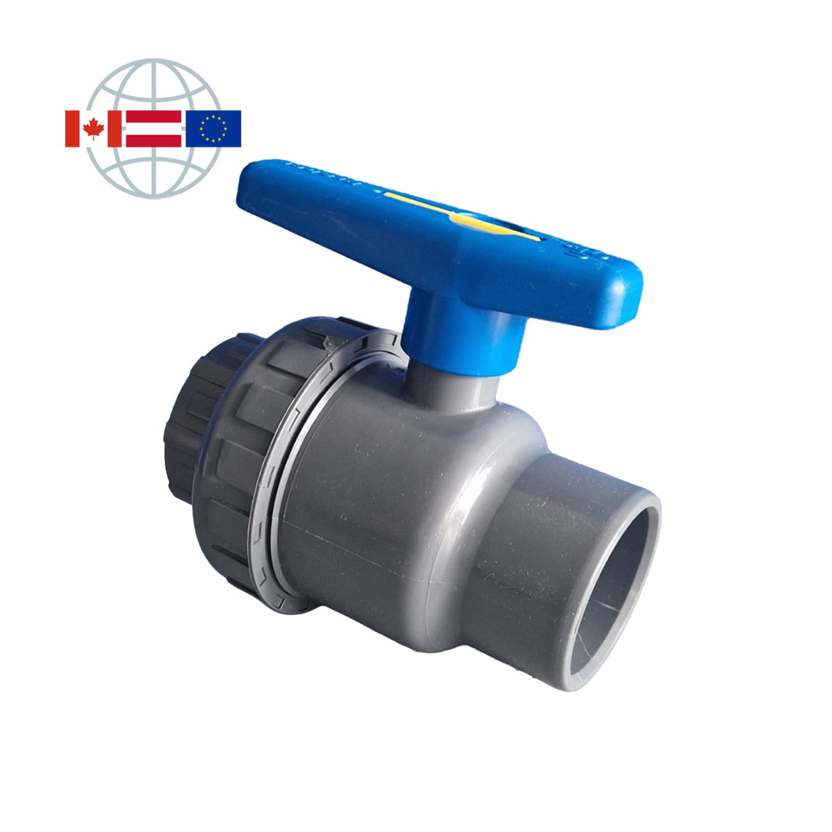 Praher Plastics Canada 2-way ball valve SU, PVC, solvent socket end metric, solvent socket end metric with union nut, EPDM O-rings, Polyethylene ball seat ring, grey 