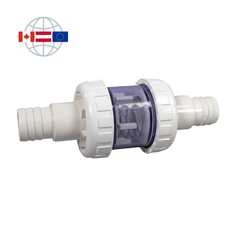 Praher Plastics Canada spring check valve S5, DN40, PVC, spring-loaded, transparent body, hose nozzles d32-d38 with union nut, EPDM O-rings, white Praher Plastics Canada spring check valve S5, DN40, PVC, spring-loaded, transparent body, hose nozzles d32-d38 with union nut, EPDM O-rings, white