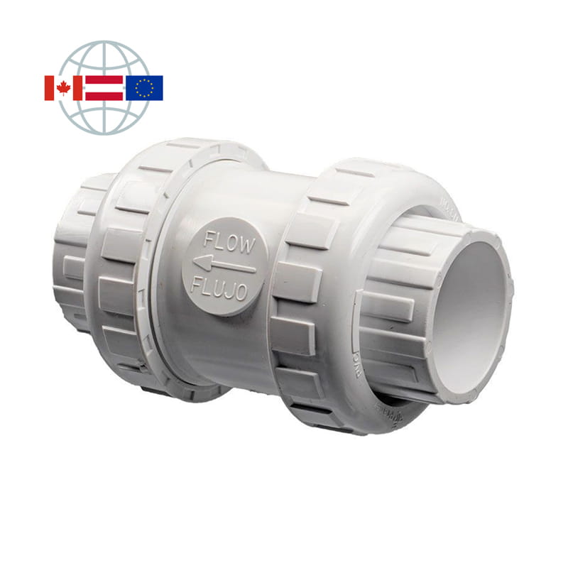 Praher Plastics Canada spring check valve S5, PVC, spring-loaded, solvent socket ends PVCu metric with union nut, EPDM O-rings 