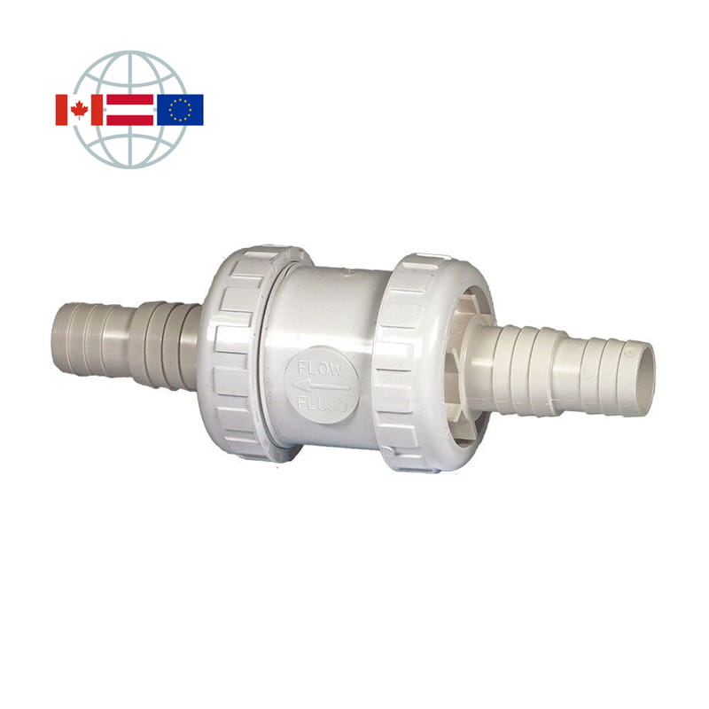 Praher Plastics Canada spring check valve S5, DN40, PVC, spring-loaded, hose nozzles d32-d38 with union nut, EPDM O-rings, white Praher Plastics Canada spring check valve S5, DN40, PVC, spring-loaded, hose nozzles d32-d38 with union nut, EPDM O-rings, white