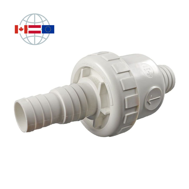 Praher Plastics Canada spring check valve S5, DN40, PVC, spring-loaded, hose nozzle d38, hose nozzle d32-d38 with union nut, EPDM O-rings, white Praher Plastics Canada spring check valve S5, DN40, PVC, spring-loaded, hose nozzle d38, hose nozzle d32-d38 with union nut, EPDM O-rings, white