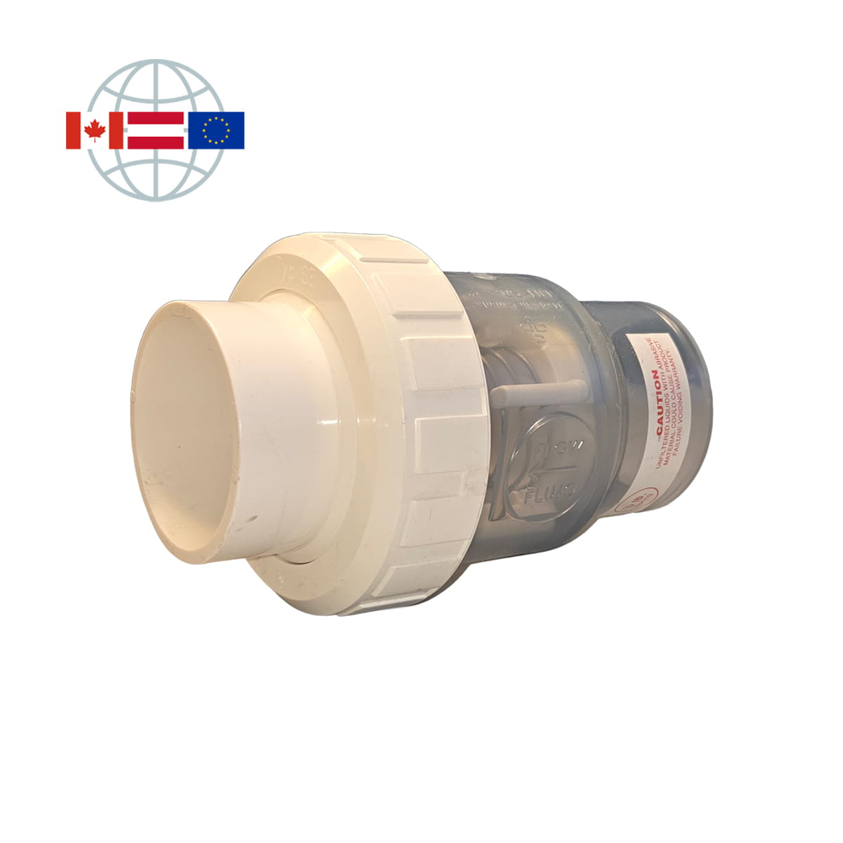 Praher Plastics Canada spring check valve SU, DN50, PVC, spring-loaded, transparent body, solvent socket end PVCu d63 metric with union nut, solvent socket end PVCu d63 metric, EPDM O-rings, white Praher Plastics Canada spring check valve SU, DN50, PVC, spring-loaded, transparent body, solvent socket end PVCu d63 metric with union nut, solvent socket end PVCu d63 metric, EPDM O-rings, white