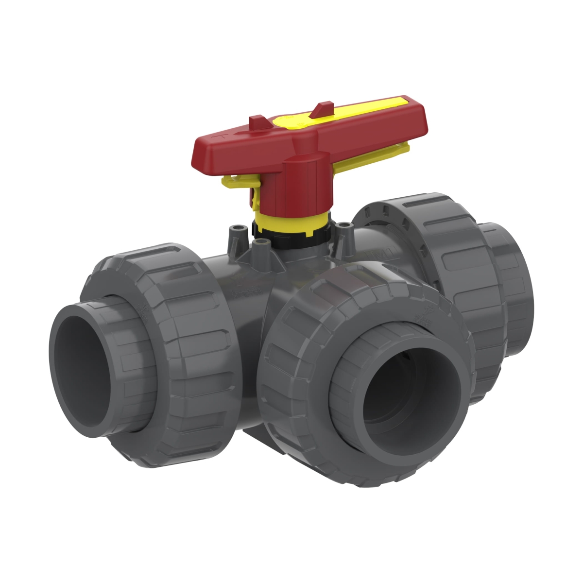 Praher Plastics 3-Way Ball Valve M1, PVCu, T-ball, solvent socket ends metric with union nut, EPDM O-rings, PTFE ball seat ring, grey 