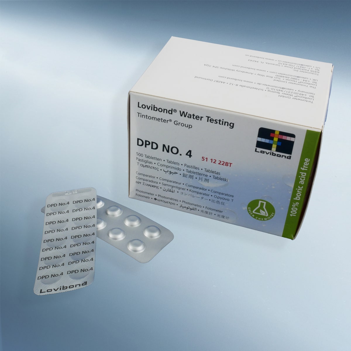 Lovibond® tablets DPD 4 in a pack of 500 pcs, slowly soluble, for the determination of total chlorine or ozone Lovibond® tablets DPD 4 in a pack of 500 pcs, slowly soluble, for the determination of total chlorine or ozone
