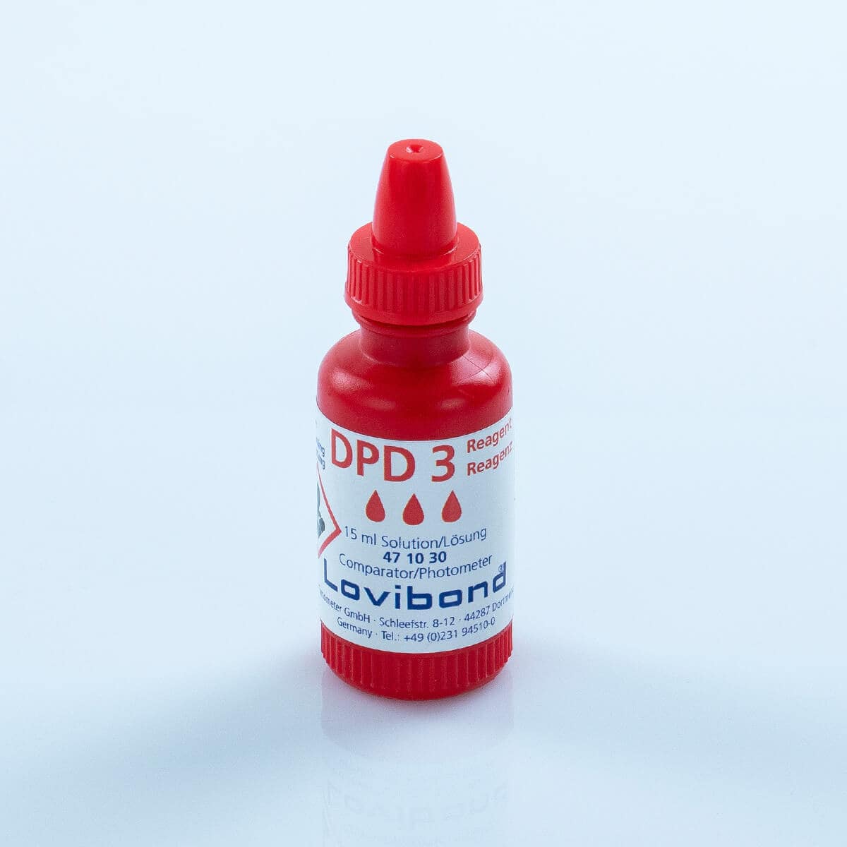 Lovibond® Liquid reagent DPD 3 reagent solution, 15 ml, red bottle, suitable for photometers MD 110 and MD 200 Lovibond® Liquid reagent DPD 3 reagent solution, 15 ml, red bottle, suitable for photometers MD 110 and MD 200