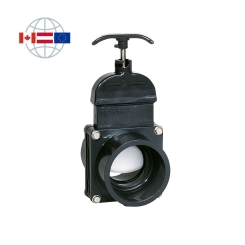 Praher Plastics Canada knife gate valve, PVC-U, solvent sockets metric, EPDM O-rings, grey 