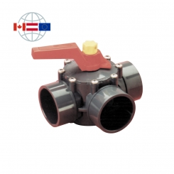 Praher Plastics Canada 3-way rotary valve, PVC-C, solvent sockets ends metric, Nitrile O-rings, Noryl rotor, grey 