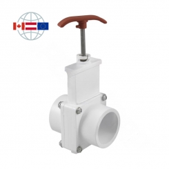 Praher Plastics Canada knife gate valve, PVC-U, solvent sockets metric, EPDM O-rings, white 