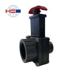Praher Plastics Canada knife gate valve, PVC-U, female thread BSP 1½", hose nozzle d38, PN3.5, EPDM O-rings, grey 
