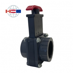Praher Plastics Canada knife gate valve, PVC-U, female thread BSP 1½", solvent socket d50, PN3.5, EPDM O-rings, grey 