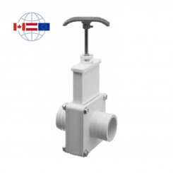 Praher Plastics Canada knife gate valve, PVC-U, hose connections 1½", PN3.5, EPDM O-rings, grey 