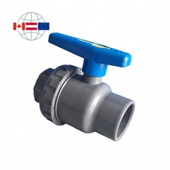Praher Plastics Canada 2-way ball valve SU, PVC, solvent socket end metric, solvent socket end metric with union nut, EPDM O-rings, Polyethylene ball seat ring, grey 