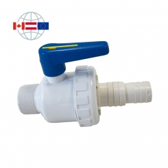 Praher Plastics Canada 2-way ball valve SU, PVC, male thread end 1 1/2" NPT, hose nozzle d32-38 with union nut, EPDM O-rings, Polyethylene ball seat ring, white 