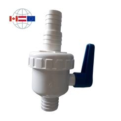 Praher Plastics Canada 2-way ball valve SU, PVC, hose nozzle d38, hose nozzle d32-38 with union nut, EPDM O-rings, Polyethylene ball seat ring, white 