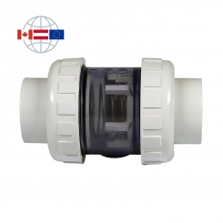 Praher Plastics Canada spring check valve S5, PVC, spring-loaded, transparent body, solvent socket ends PVCu metric with union nut, EPDM O-rings 