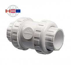 Praher Plastics Canada spring check valve S5, PVC, spring-loaded, solvent socket ends PVCu metric with union nut, EPDM O-rings 