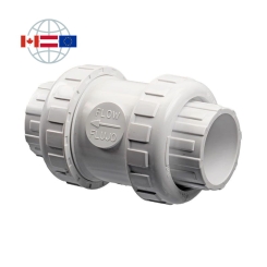 Praher Plastics Canada spring check valve S5, PVC, spring-loaded, solvent socket ends PVCu metric with union nut, EPDM O-rings 