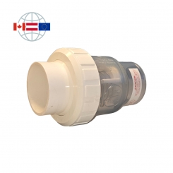 Praher Plastics Canada spring check valve SU, PVC, spring-loaded, transparent body, solvent socket end PVCu metric with union nut, solvent socket end PVCu metric, EPDM O-rings 