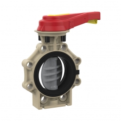 Praher Plastics Butterfly Valve K4, PVC, flange connection, FPM seal, A4 shaft, PN10, manually operated, grey 
