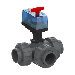 Praher Plastics 3-Way Ball Valve M1 Solar, PVCu, T-ball, solvent socket ends metric with union nut, EPDM O-rings, TPE ball seat ring, EO510 ECO-230 actuator, grey 